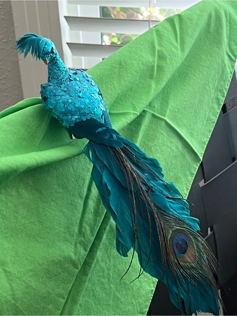 Pier 1 Peacock Clip-On Christmas Tree Ornament Blue Glitter Feather